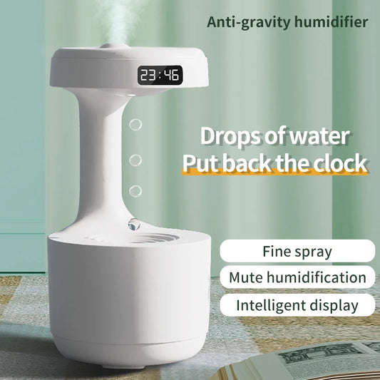 Anti-gravity humidifier with digital clock on a light green background