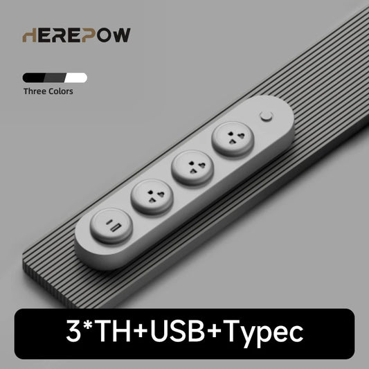 Power strip with multiple outlets and USB ports on a gray background, featuring the brand 'HEREPOW'.