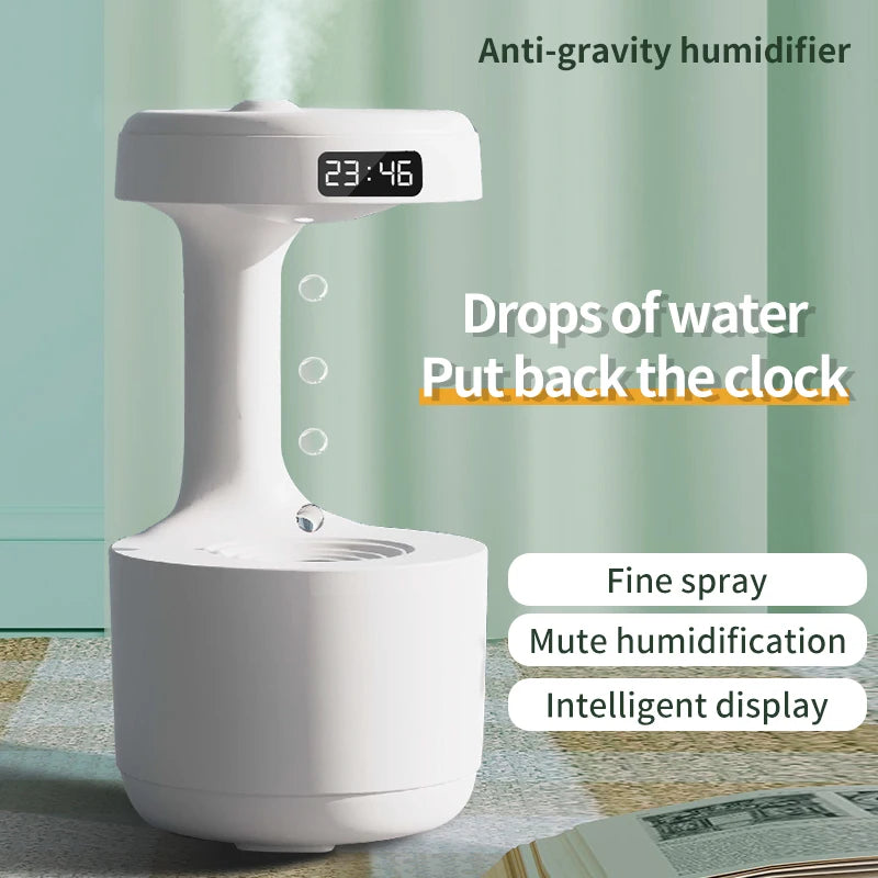 Anti-gravity humidifier with digital clock on a light green background
