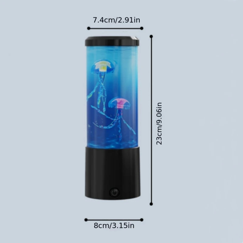 Measurement chart of a small aquarium with jellyfish illustration on a light blue background