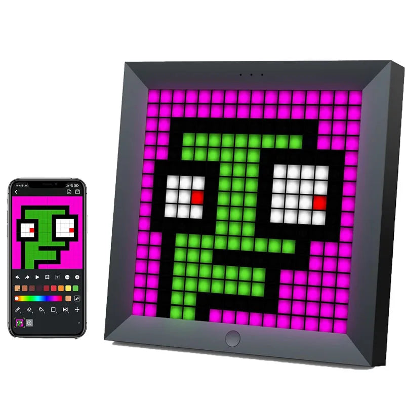 Pixel art display with smartphone showing a similar design on a white background