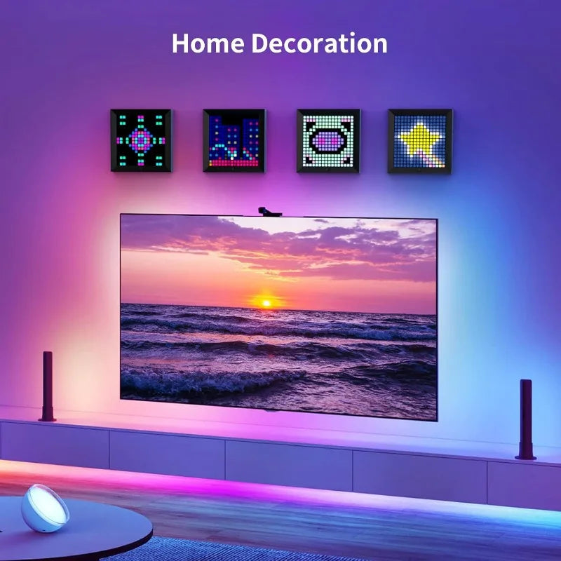 Living room with LED wall art displaying a sunset over water, surrounded by colorful lights.