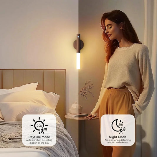 Woman in a bedroom with night light on, showing Daytime and Night Mode icons.
