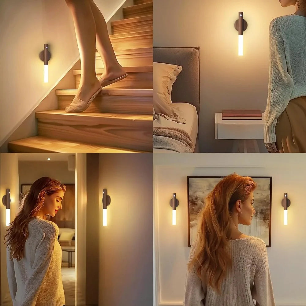 Collage of a wall-mounted light fixture in various settings, including a staircase and bedroom.