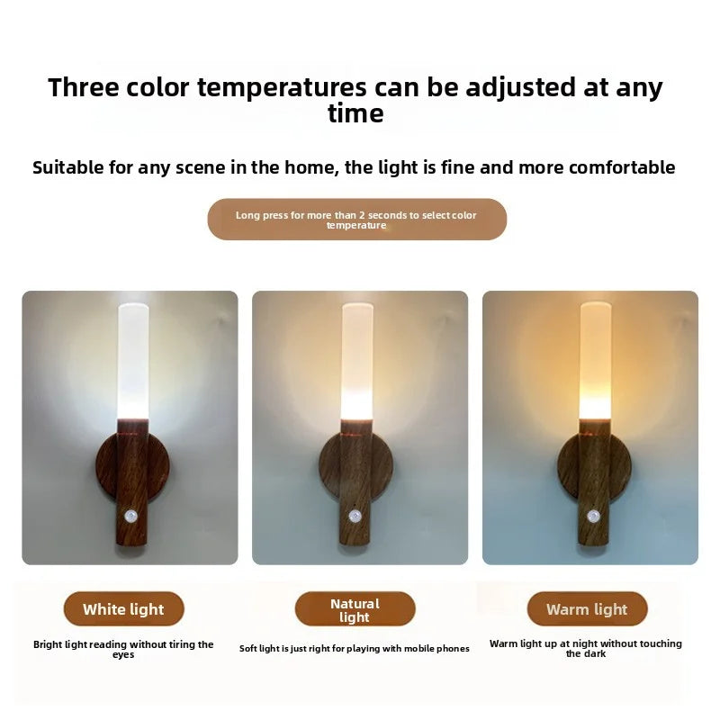 Three wall lights with different color temperatures on a gray background