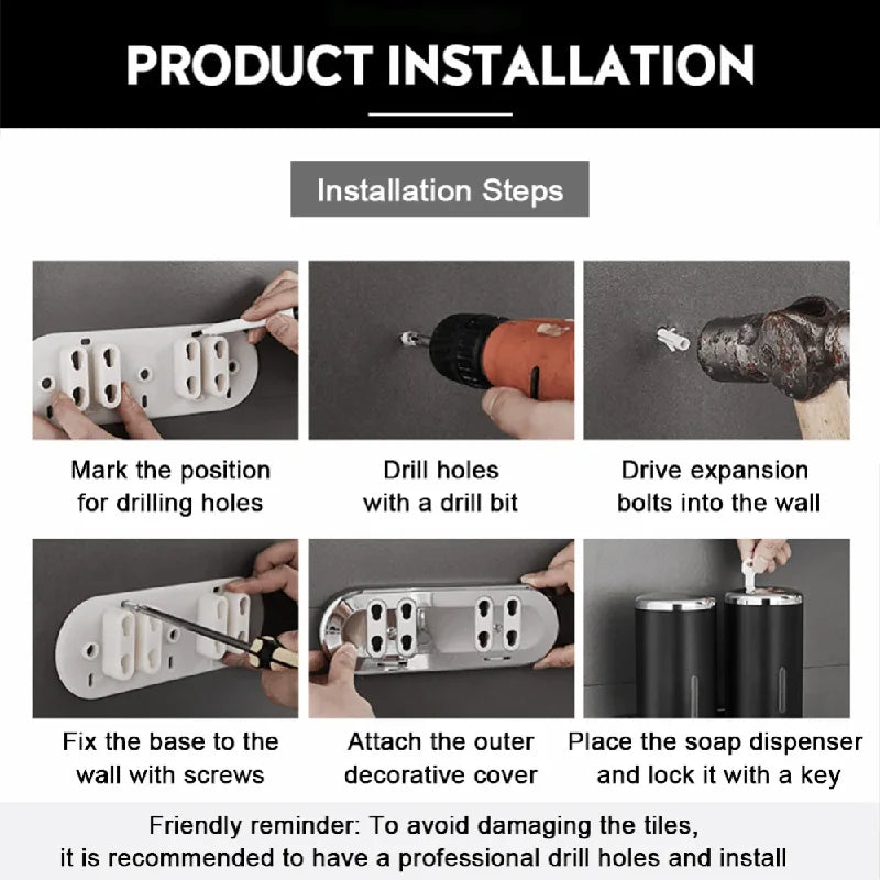 Step-by-step installation guide for a wall-mounted soap dispenser.