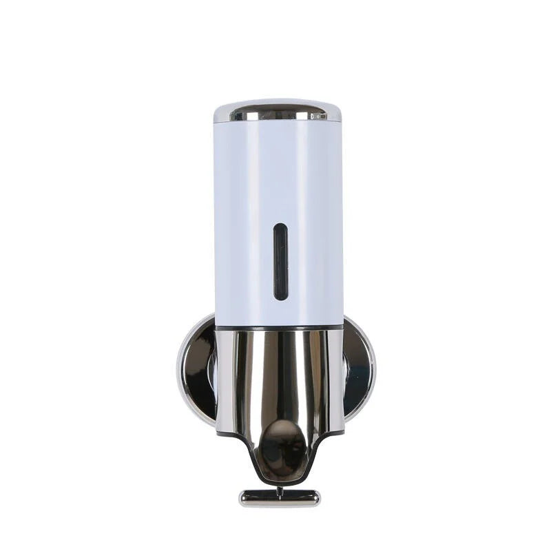 Chrome and white soap dispenser on a white background