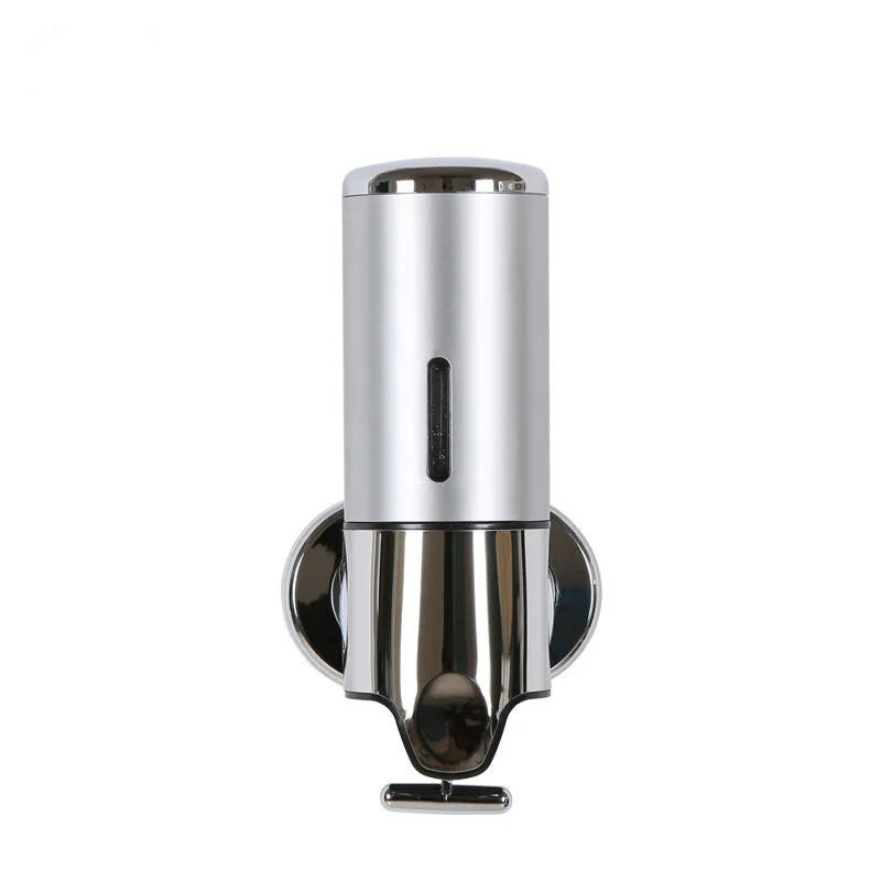 Chrome wall-mounted soap dispenser on a white background