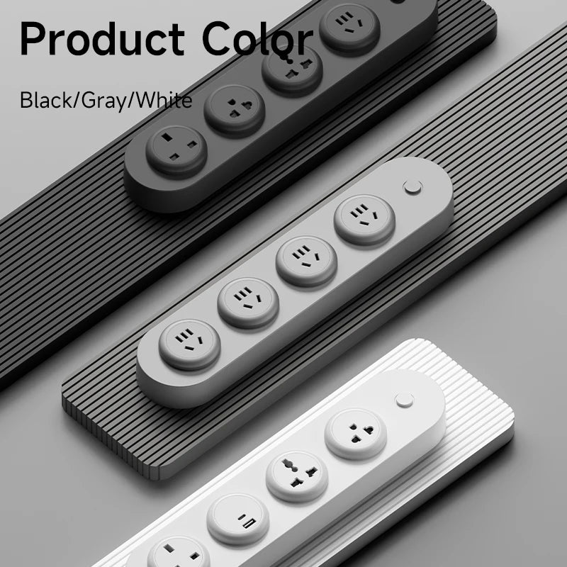 Three power strips in black, gray, and white on a gray background
