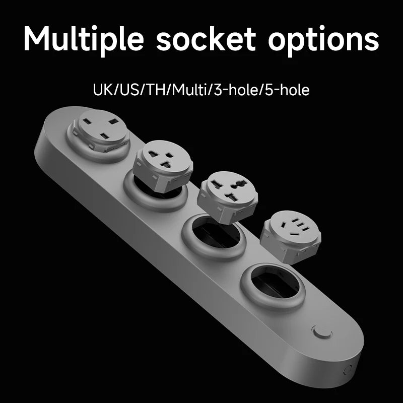 Gray power strip with multiple sockets on a black background