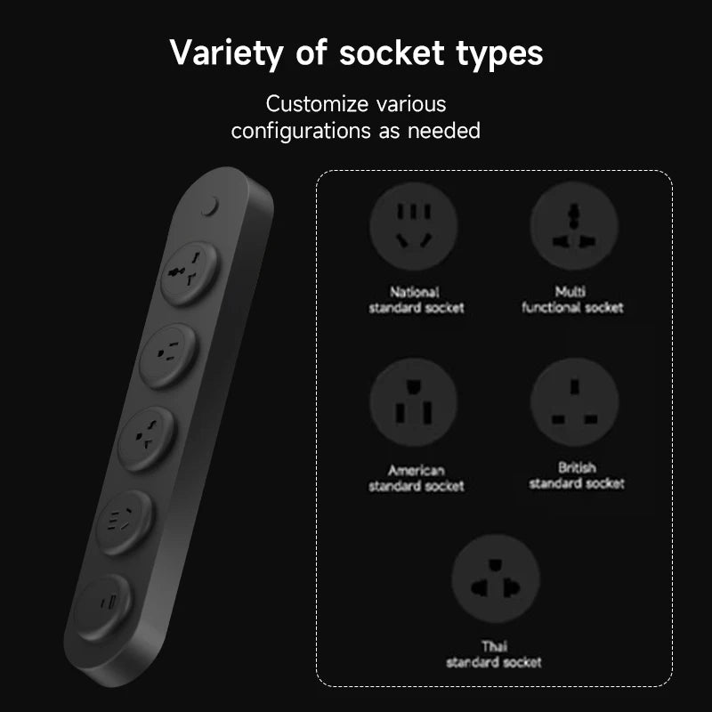 Gray socket adapter with various international socket types on a black background