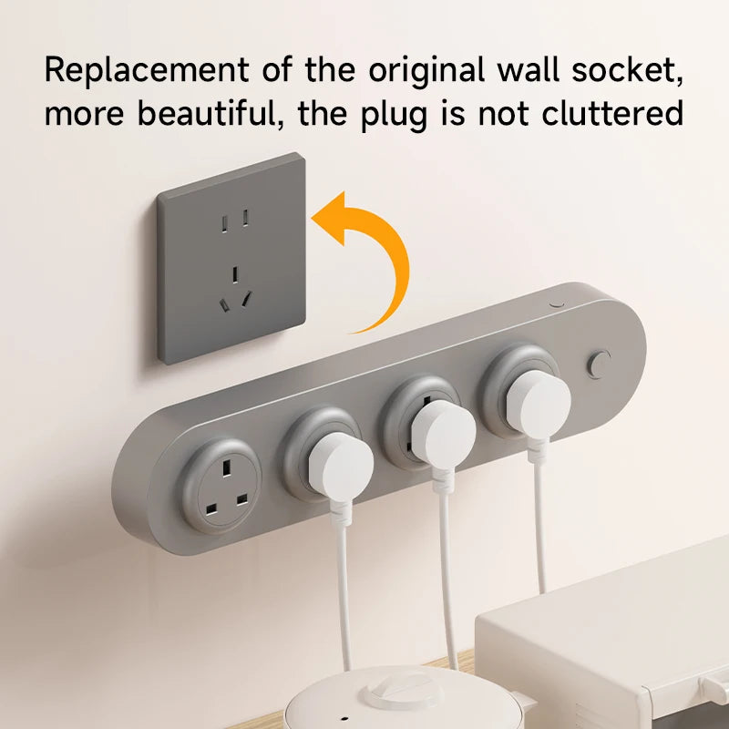 Wall-mounted electrical outlet replacement with multiple sockets and plugged-in devices.